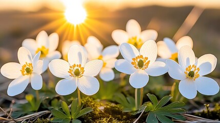 Fototapeta premium White flowers blooming in a field bathed in the golden light of the setting sun.
