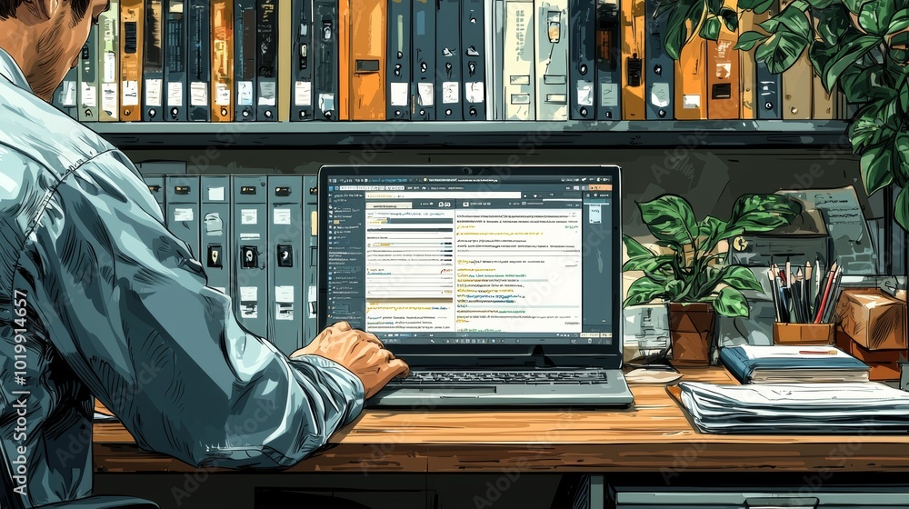Poster a person is engaged with their laptop in a structured office setting, where binders and files line t