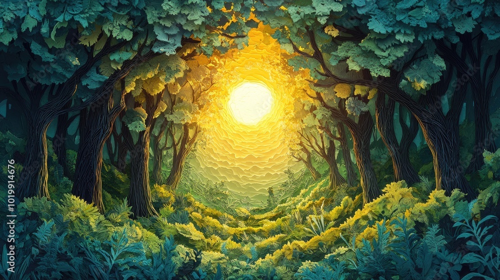 Poster sunlight streaming through trees in a lush moss covered forest sunlight illuminating a vibrant mossy