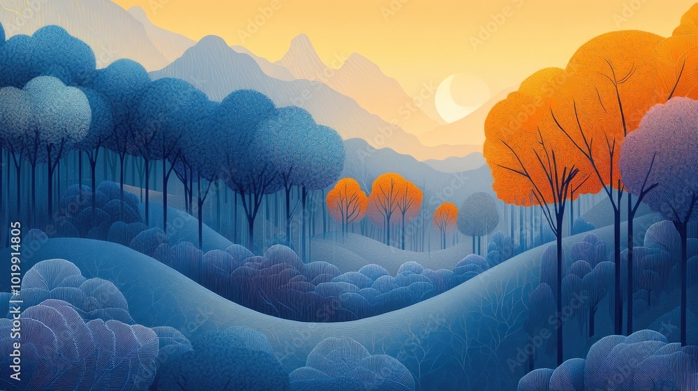 Aufkleber Sunlight filters through trees shrouded in dense fog A serene autumn morning in a mist filled forest creating an abstract mountain landscape