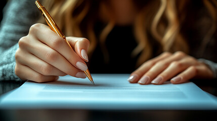 lawyer's hand is seen signing an important legal document, symbolizing authority, trust, and responsibility in the legal profession. The image conveys professionalism, commitment, and legal expertise