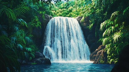 Fototapeta premium Stunning waterfall cascading amidst lush tropical vegetation in a serene environment Tropical waterfall surrounded by lush greenery in a tranquil setting