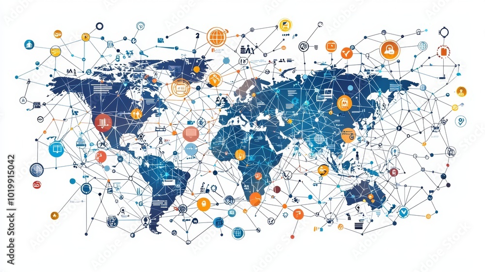 Poster a world map intricately connected through various icons, symbolizing a complex global network, showc