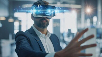 Man Experiencing Virtual Reality in Modern Office