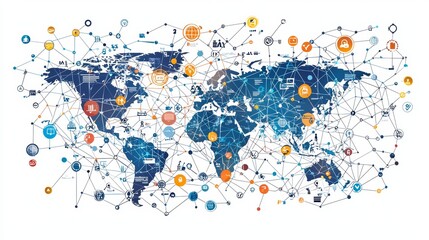 Obraz premium A world map intricately connected through various icons, symbolizing a complex global network, showcasing connectivity and contemporary global interaction.