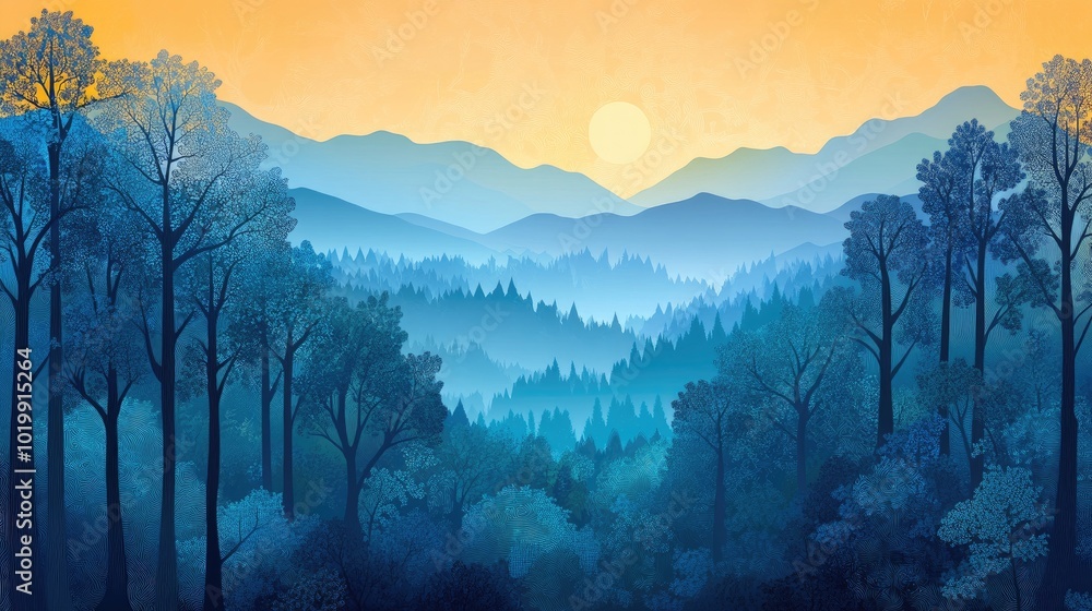 Aufkleber Sunlight filters through trees shrouded in dense fog A serene autumn morning in a mist filled forest creating an abstract mountain landscape