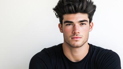 Fototapeta premium A cheerful young man radiates happiness, exuding confidence and warmth in a minimalist setting