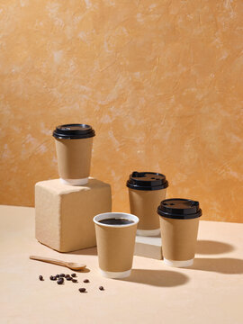 Takeaway Coffee Cups With Lid On Beige Background
