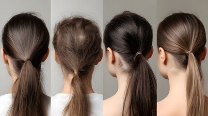 Fototapeta premium Hair recovery time-lapse, from extensive hair loss to dense regrowth, highlighting each stage of improvement, Realistic, Neutral Background, Smooth Transition