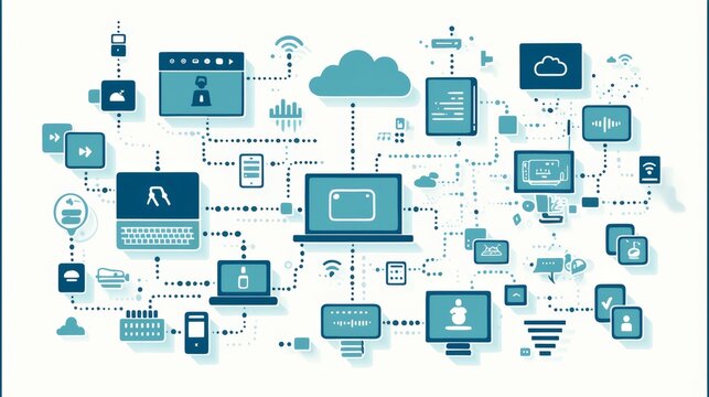 Representation of interconnected devices forming a cloud-based digital network, featuring technology and system integration with a focus on information flow.