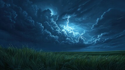 Dark, swirling thunderclouds over a grassy plain, with lightning striking in the distance.