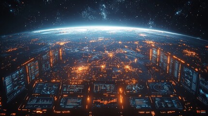 Fototapeta premium A futuristic view of Earth with digital data panels, showcasing technology, innovation, and global connectivity from a high-tech perspective in space.