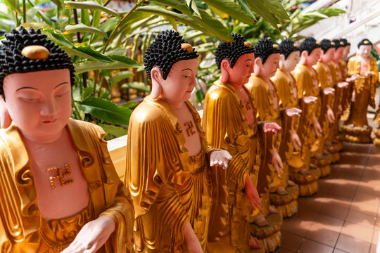 Row of Golden Buddha Statues. Penang city, Malaysia