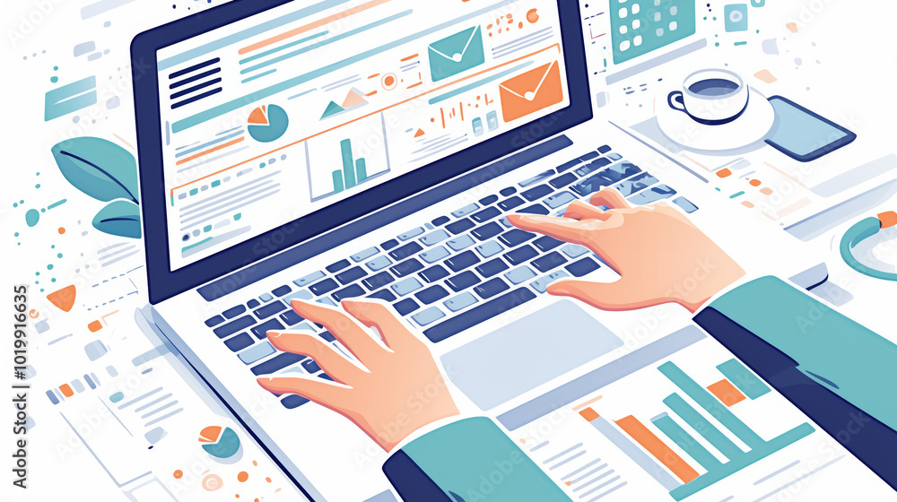 Poster close-up of hands typing on a laptop, with colorful data charts and graphs surrounding the screen, i