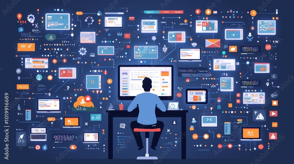 Poster a person works at a computer surrounded by digital interfaces symbolizing technology, data, and prod