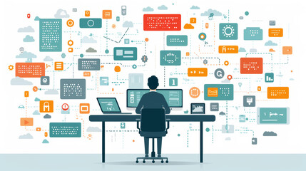 A programmer sits at their desk using multiple screens that display a complex web of digital connections and data flow, illustrating modern computing tasks.
