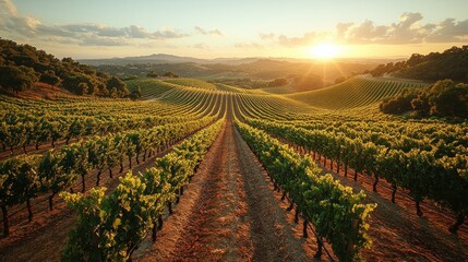 Naklejka premium Scenic vineyard landscape at sunset with rows of grapevines.