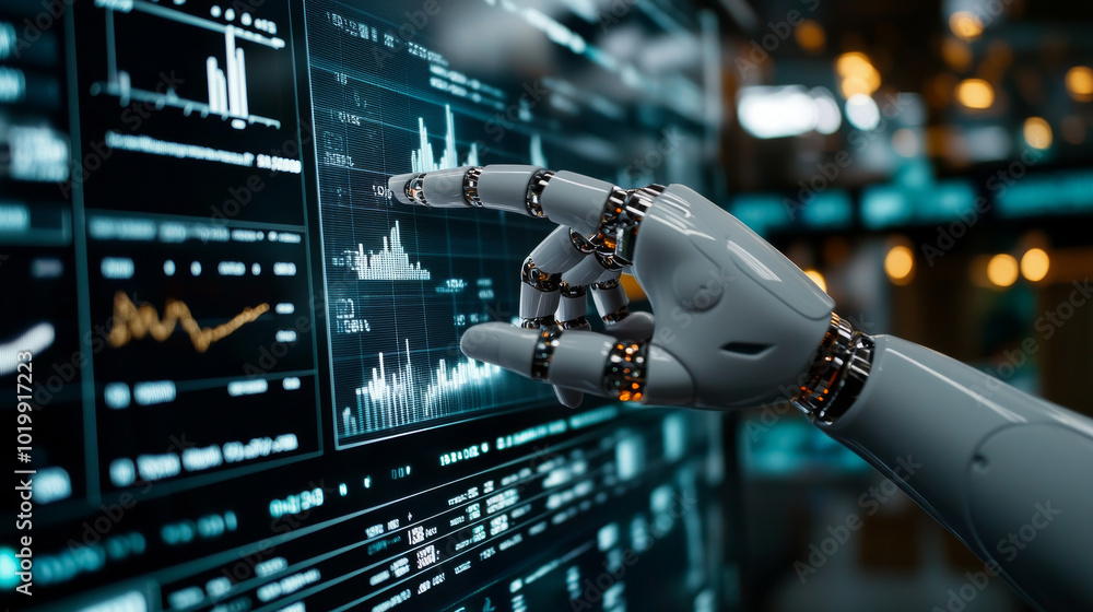 Poster a robotic hand points to financial data on a screen, showing how an ai-powered program analyzes the 