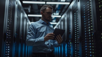 Data Center Technician Inspecting Servers with Tablet