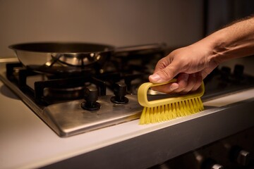 Hand Cleaning a Kitchen Stove Surface with a Brush for a Neat and Tidy Appearance