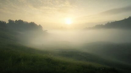 Obraz premium Early morning fog rolling over the hills of a quiet countryside, with the sun just rising.