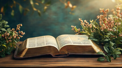 Open Bible with on wooden table with foliage against blurred green blue background with sun rays and copy space for all saints' day.