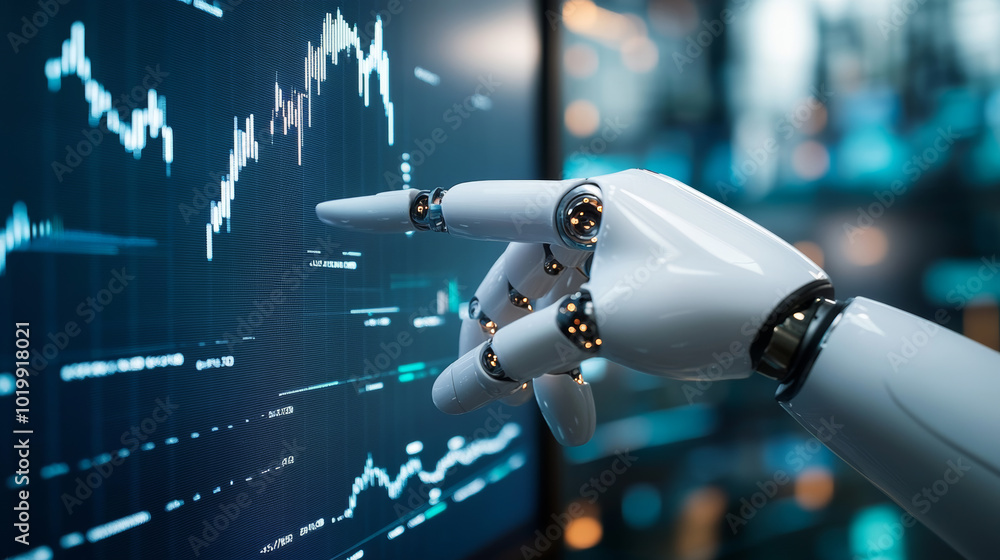 Poster a robotic hand points to financial data on a screen, showing how an ai-powered program analyzes the 