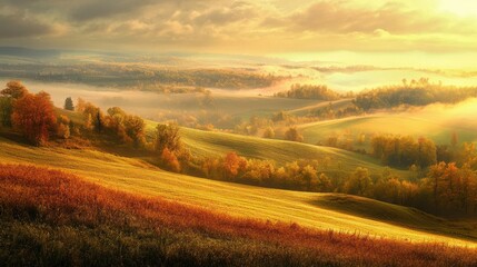 Fototapeta premium Early morning sunlight piercing through clouds over a vibrant autumn landscape of rolling hills.