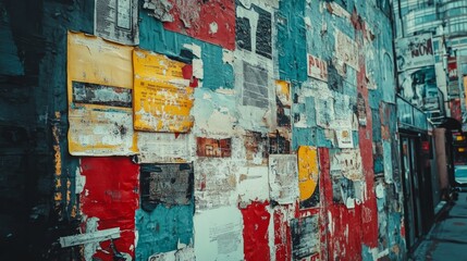A wall covered in colorful, weathered posters, creating a chaotic and vibrant urban landscape.