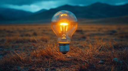 glowing light bulb stands against a desert mountain backdrop, symbolizing innovation, creativity, and sustainability. The contrast between nature and technology highlights human potential to illuminat