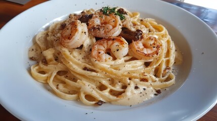 A white plate topped with pasta and shrimp