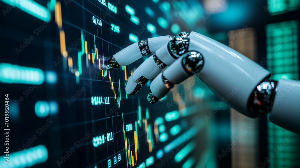 Poster a robotic hand points at a chart showing financial data. software powered by artificial intelligence