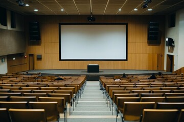 Spacious auditorium interior with empty seats, a large screen, and a central stage, ideal for presentations and events.