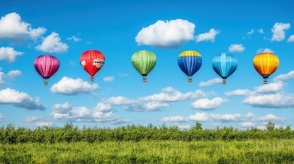Obraz premium Colorful hot air balloons flying in a blue sky with white clouds above a green field.