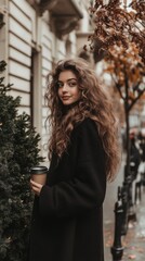 A woman standing on a sidewalk holding a cup of coffee