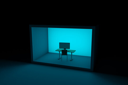 Minimalist workspace with computer desk and chair at night