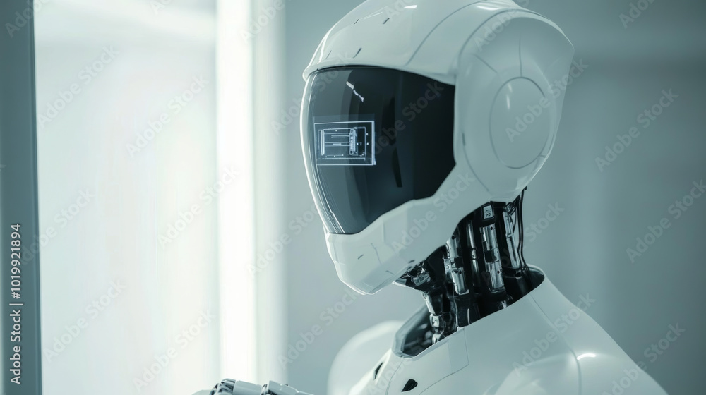 Poster a robot with a digital screen uses its artificial intelligence to interact with a virtual world. its
