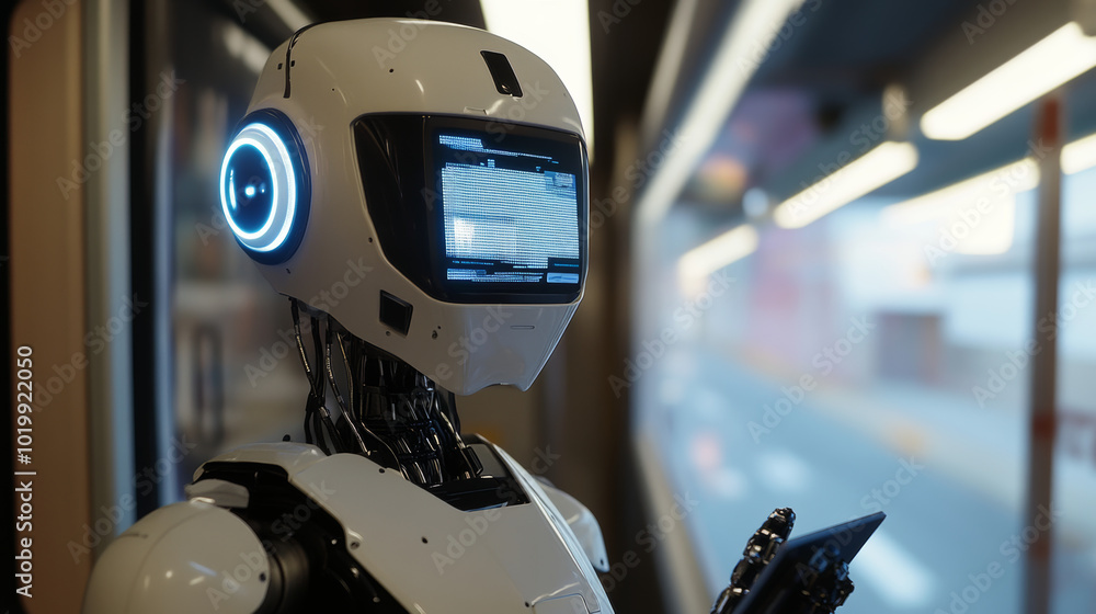 Poster a robot with a digital screen uses its artificial intelligence to interact with a virtual world. its