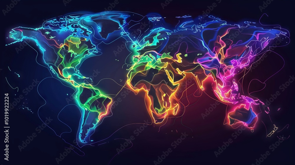 Poster futuristic 3d abstract world map highlighting globalization and geopolitics with high-tech communica