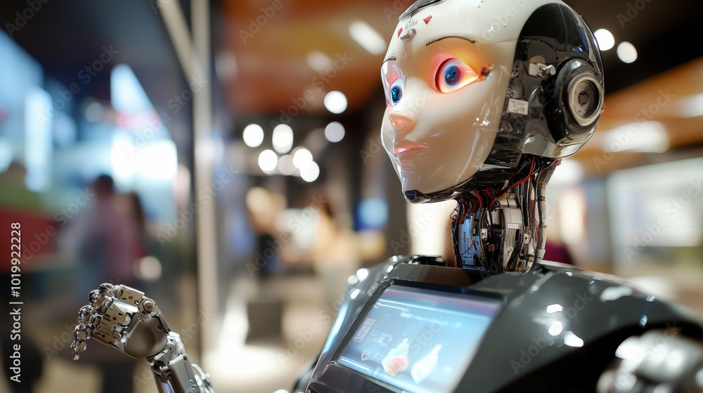 Poster a robot with a digital screen uses its artificial intelligence to interact with a virtual world. its
