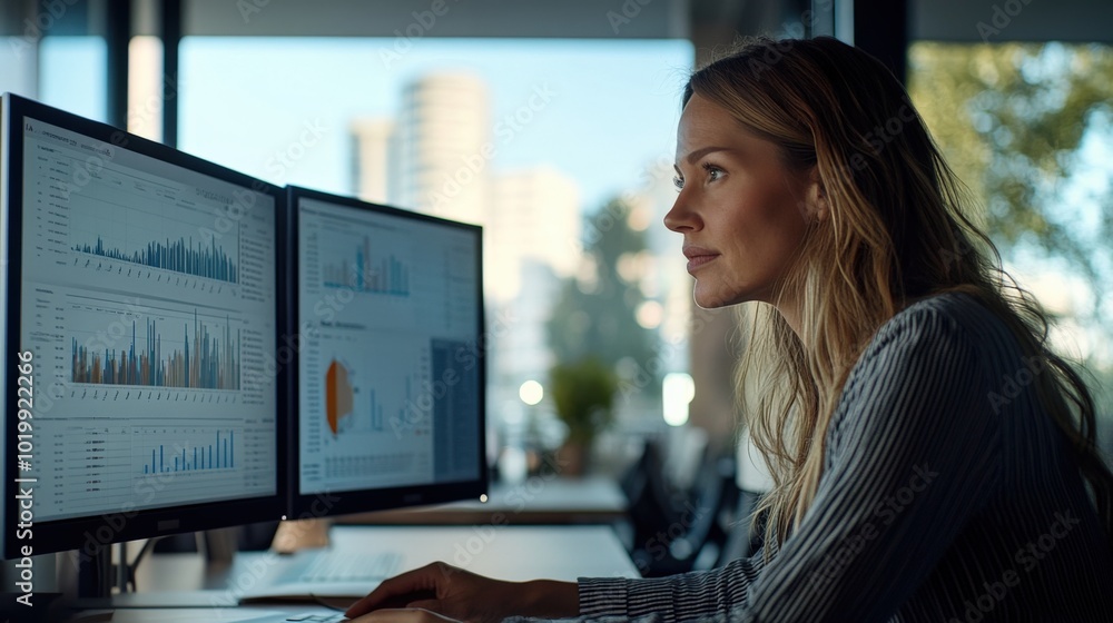 Poster focused woman working on data analysis at dual monitors in a modern office setting, interpreting cha