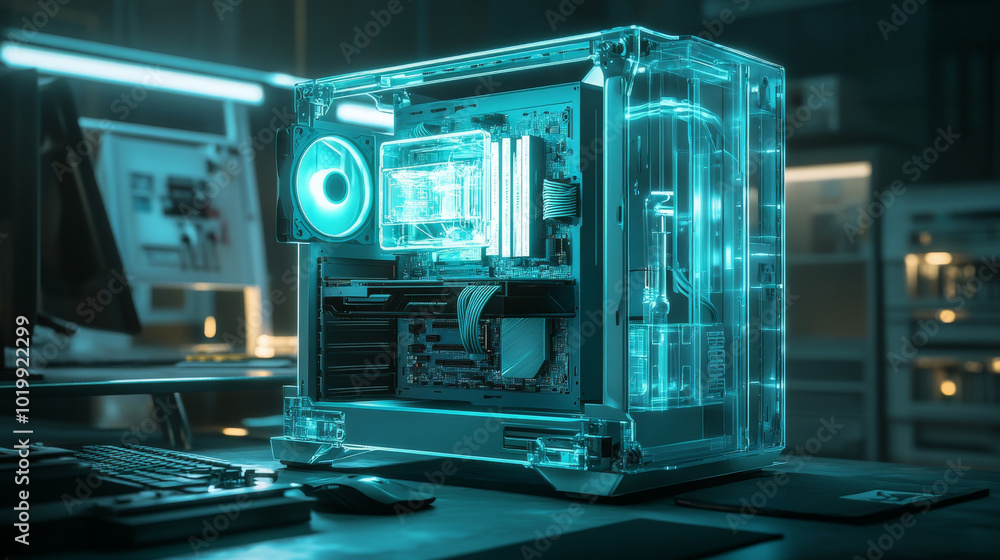 Poster a desktop computer being upgraded or repaired.the image shows a gaming computer with glowing parts o