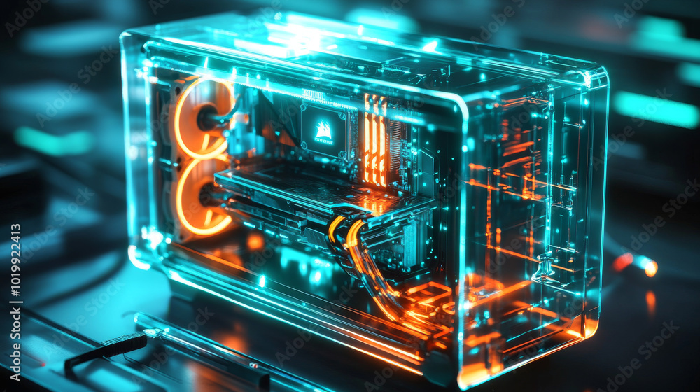 Poster a desktop computer being upgraded or repaired.the image shows a gaming computer with glowing parts o
