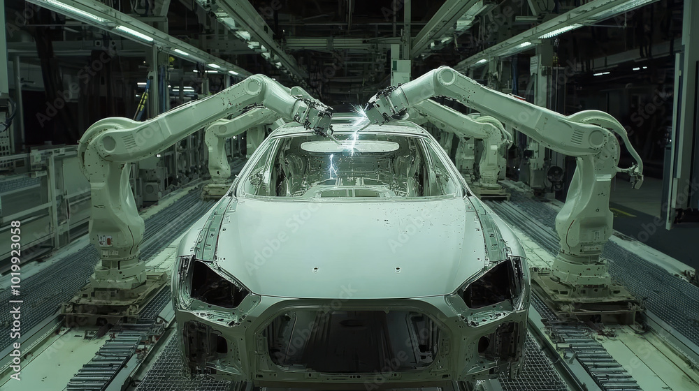 Poster robots are used in car factories to weld car bodies. these white robots use lasers to draw the shape