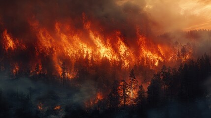 Smoke and flames consuming a once-thriving forest, illustrating deforestation and climate change.