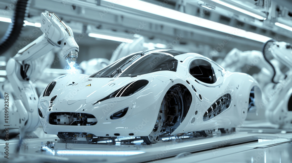 Poster robots are used in car factories to weld car bodies. these white robots use lasers to draw the shape