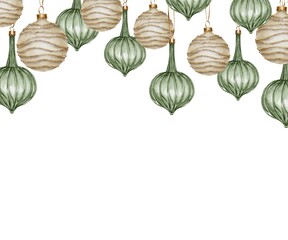 Christmas green and white with gold toys ball Watercolor template on white. Hand drawn illustration for New Year and winter holidays designs in realistic style.