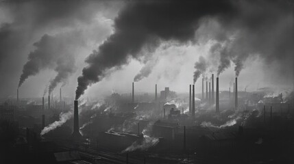 Smoke billowing from factory chimneys, darkening the sky and creating a thick layer of smog.