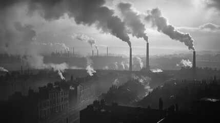 Smoke from factory chimneys filling the sky, contrasting with a once-clear skyline.