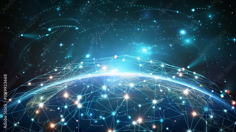 Poster abstract global network illustration: vector world globe with connected lines representing internet 